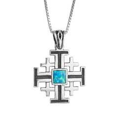 Messianic Pendant, Jerusalem Cross with Blue Opal, Sterling Silver