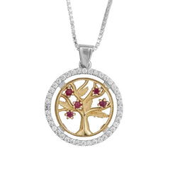 Pendant Tree of Life with Precious Ruby stones & Crystal CZ ,Silver 925 & Gold 9K - The Peace Of God®