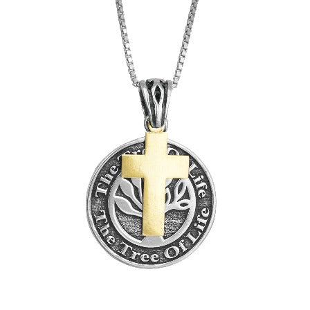 Messianic Pendant Tree of Life with Cross , 9k gold & silver