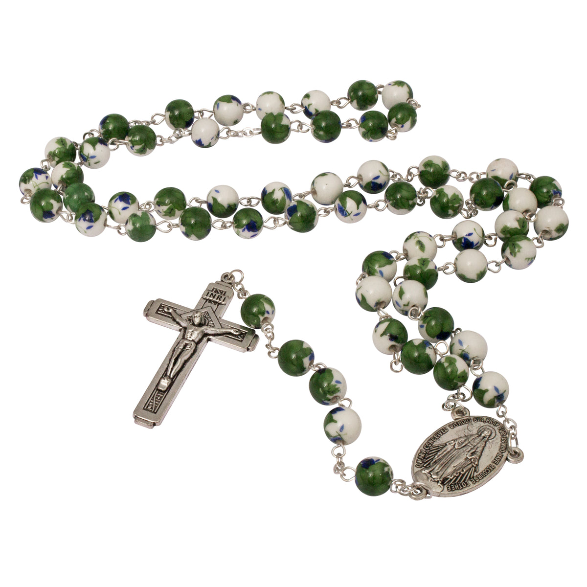 Rosary Prayer Beads INRI White Beaded With green flowers - The Peace Of God®