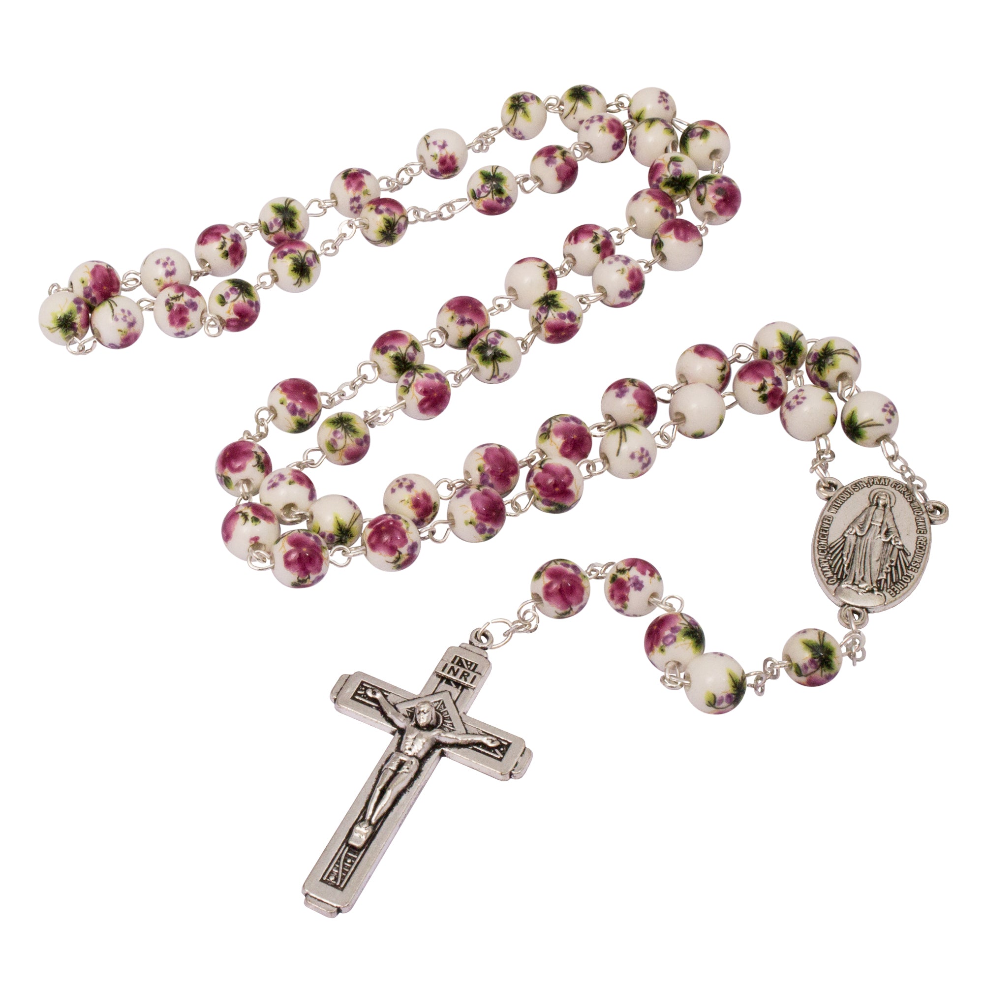 Rosenkranz-Gebetskette INRI Weiße Perlen mit lila Blüten – The Peace Of God®