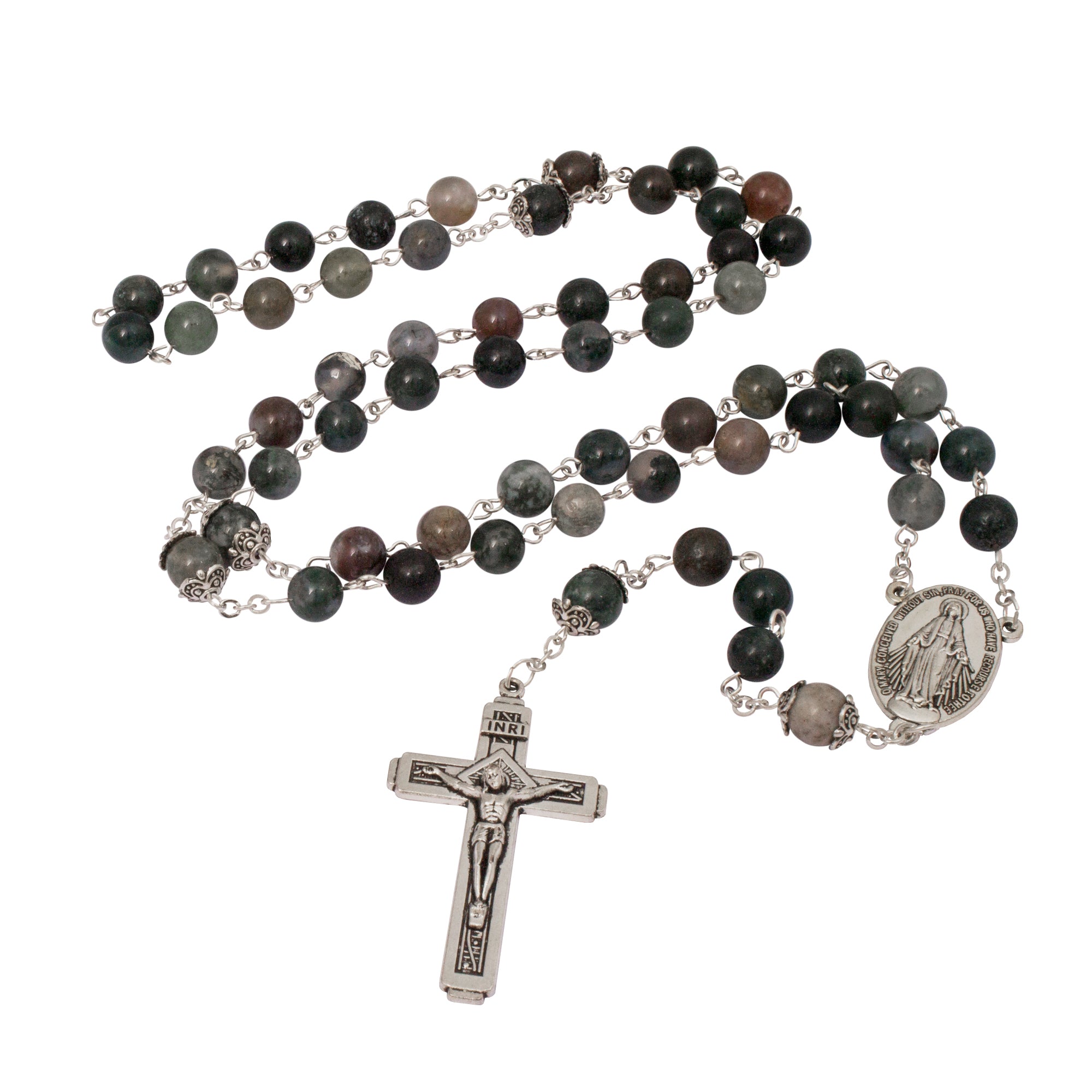 Classic catholic rosary with a crucifixion I.N.R.I. , Green