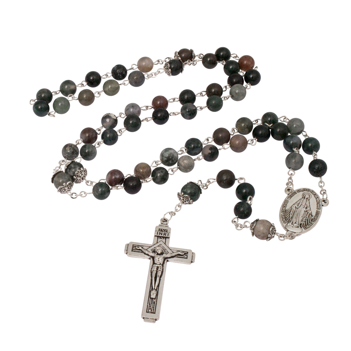 Classic catholic rosary with a crucifixion I.N.R.I. , Green & Browns Stone . Crucifix Necklace Jerusalem - The Peace Of God®