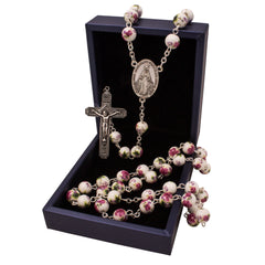Rosary Prayer Beads INRI White Beaded With purple flowers - The Peace Of God®