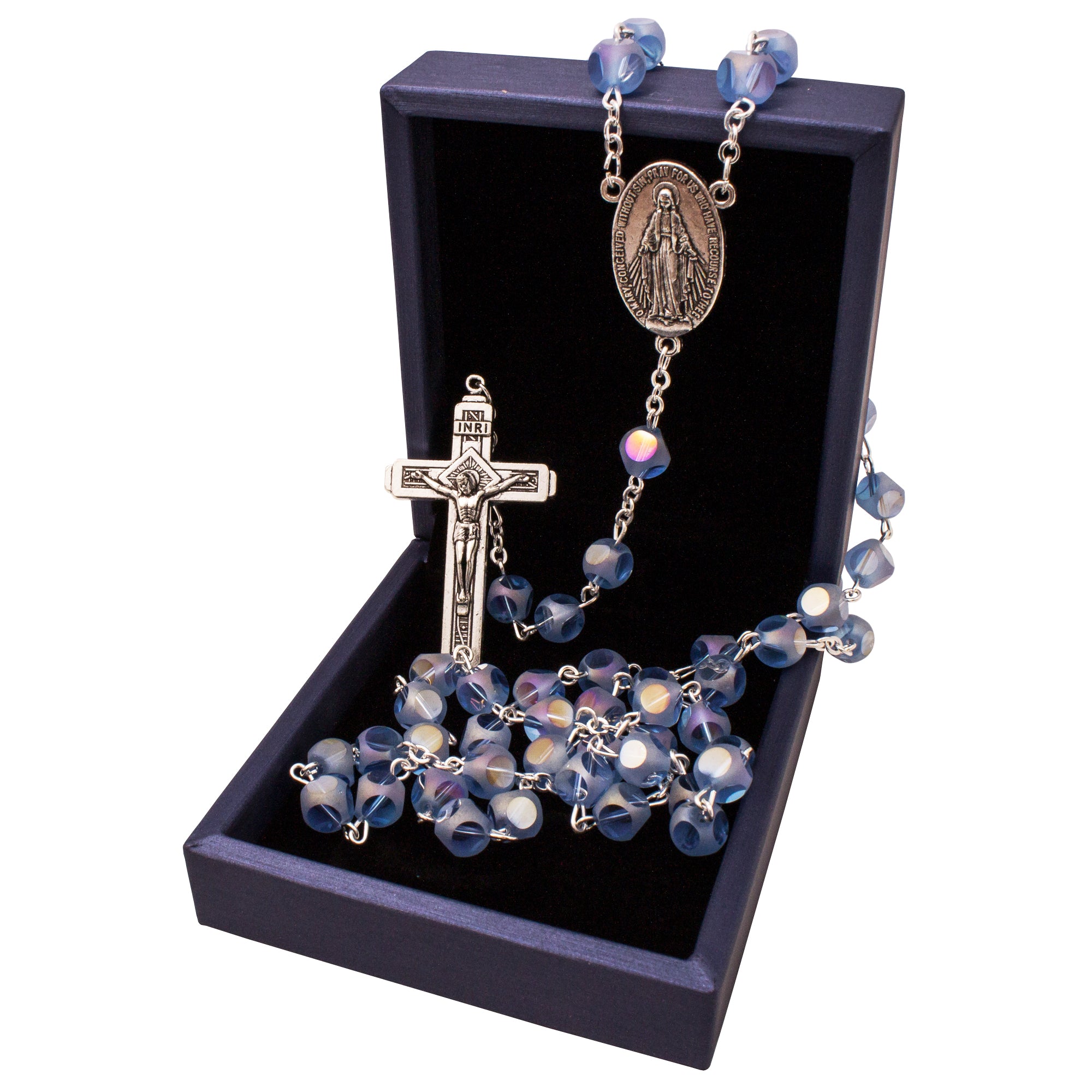 Rosenkranz Gebetskette INRI blaue Kristallperlen Kruzifix