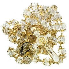 Rosary Beads INRI White Crystal Beaded Gold Plated Necklace w/ Madonna Medal - The Peace Of God®