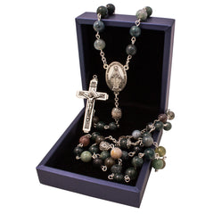 Classic catholic rosary with a crucifixion I.N.R.I. , Green & Browns Stone . Crucifix Necklace Jerusalem - The Peace Of God®