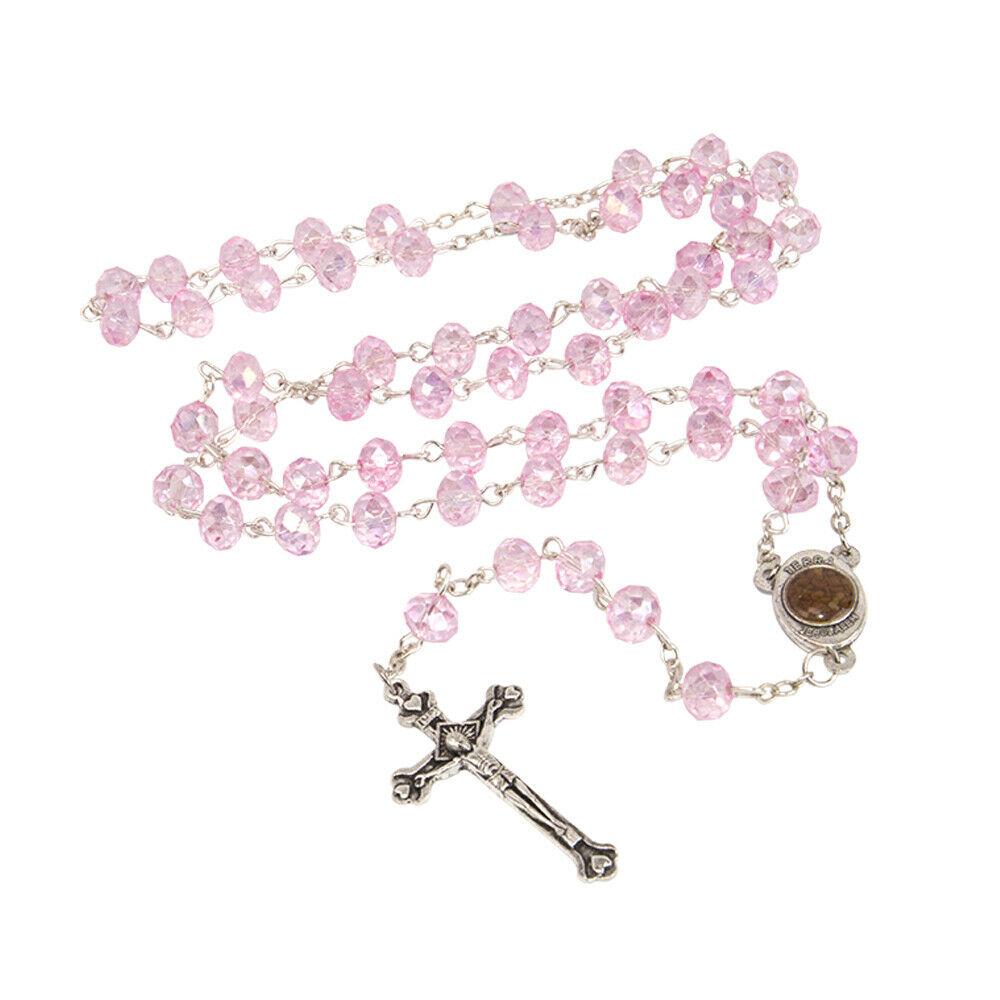 Rosa Kristall-Rosenkranz-Kruzifix-Halskette mit Heiliger Erde aus Jeru –  The Peace Of God®
