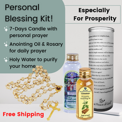Personal Blessing Kit - Especially For Prosperity: Personalized Candle, Cinnamon Anointing Oil, Holy Water and Rosary Beads, FREE SHIPPING - The Peace Of God®