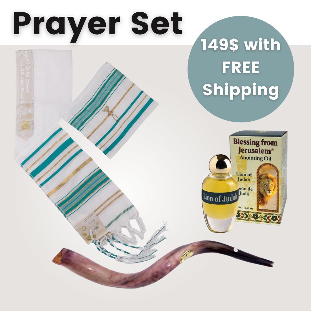 Prayer Set - Shofar Kudu 50-59cm, Tallit with Matching Bag in Turquoise, and Lion of Judah 12ml Anointing Oil in FREE SHIPPING - The Peace Of God®