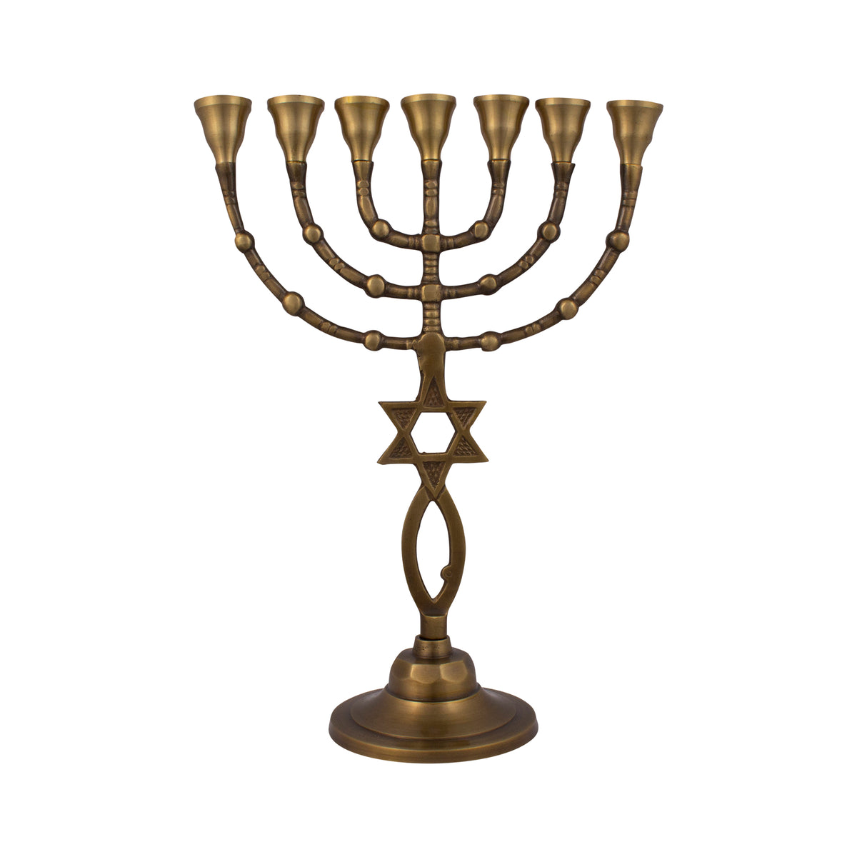 Menorah decorated with Messianic Symbol antique bronze finish /11 inches -28cm - The Peace Of God®