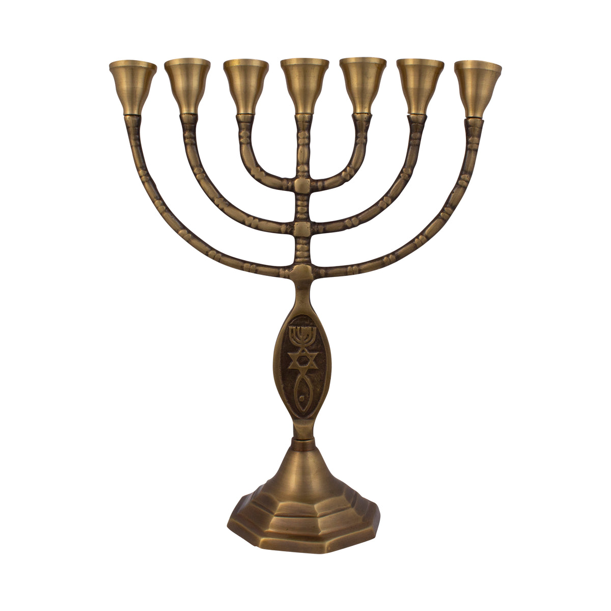Menorah decorated with Messianic Symbol antique bronze finish  /10 inches - 25cm - The Peace Of God®
