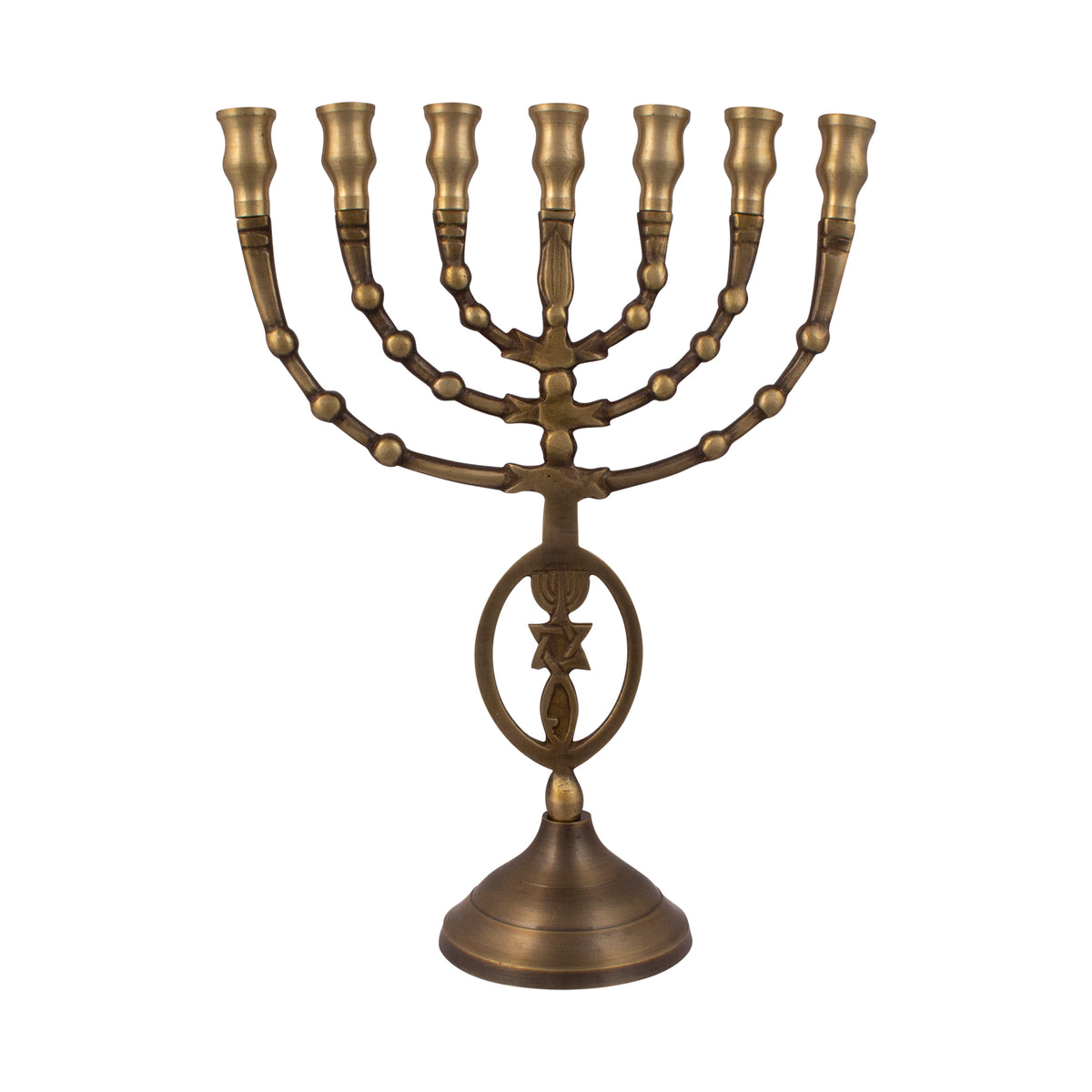 Menorah decorated with Messianic Symbol oval antique bronze finish /10 inches -25cm - The Peace Of God®