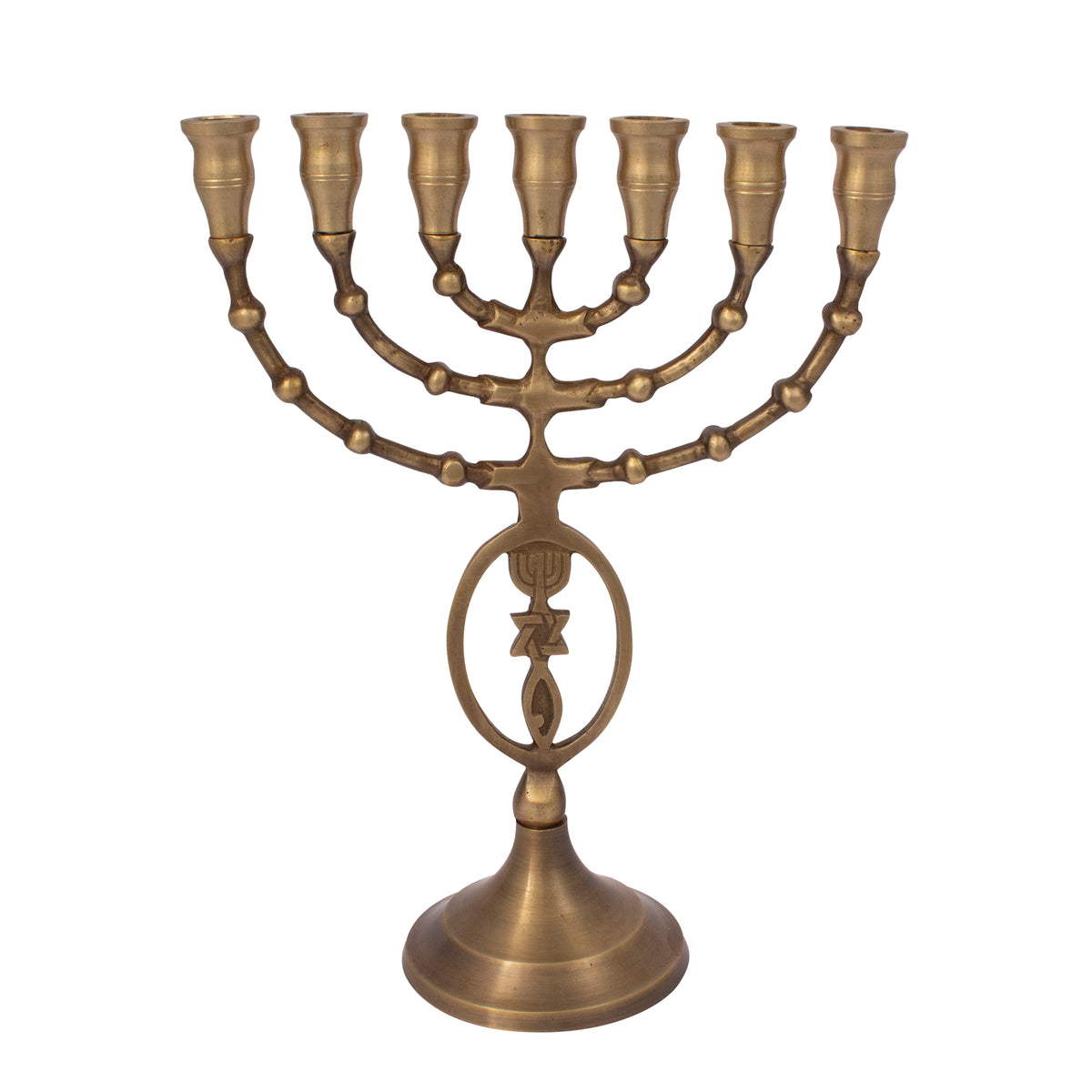 Menorah decorated with Messianic Symbol oval antique bronze finish /8 inches -20cm - The Peace Of God®