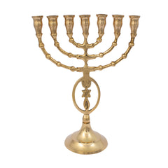 Menorah decorated with Messianic Symbol oval shiny brass finish /8 inches -20cm - The Peace Of God®