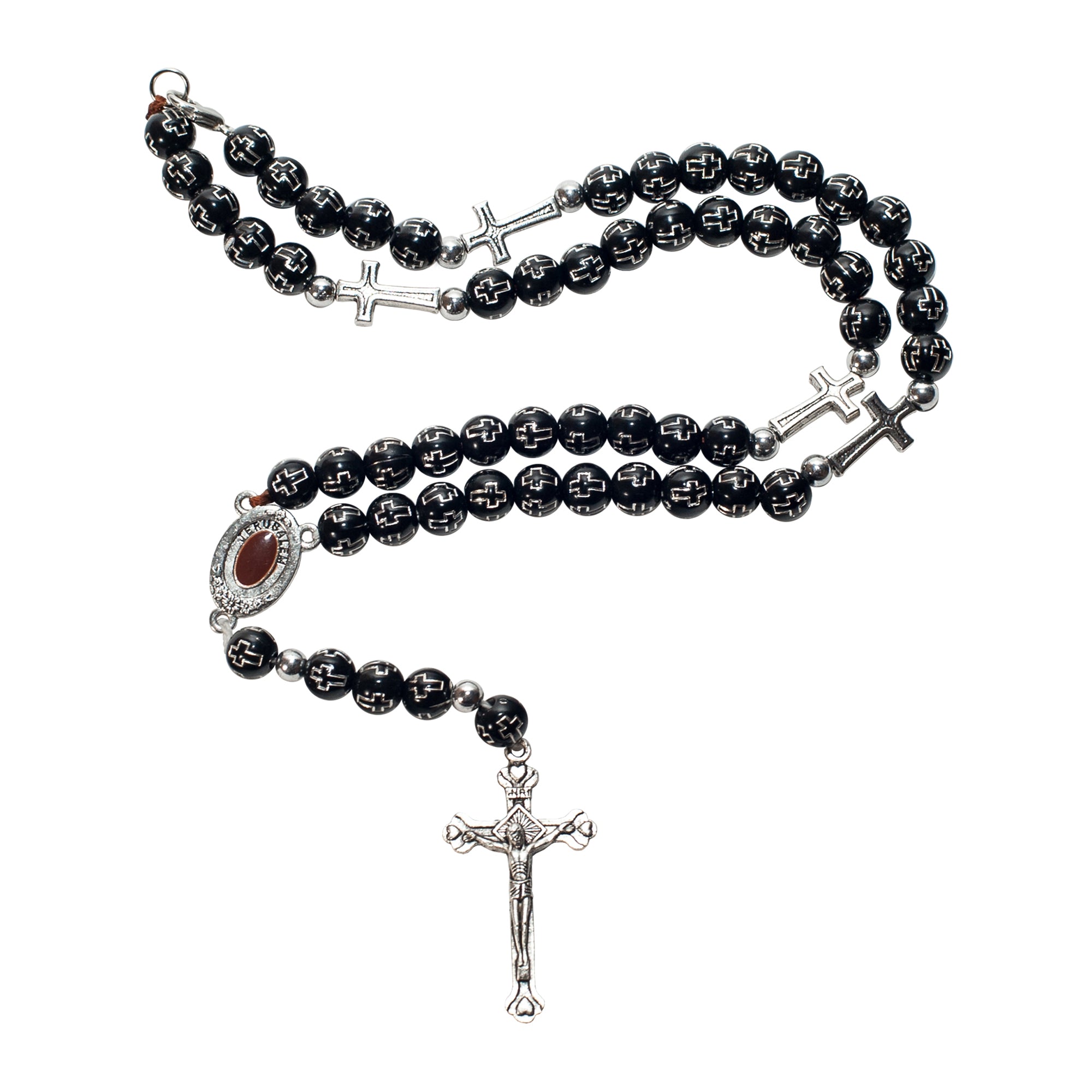 Black Oval Bead Rosary with a Saint Benedict Centrepiece | Heavens Blessings