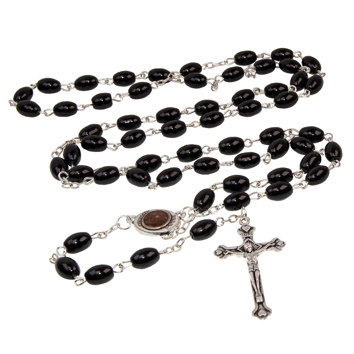 Rosenkranz Gebetskette INRI Schwarz Kristall Perlen Kruzifix