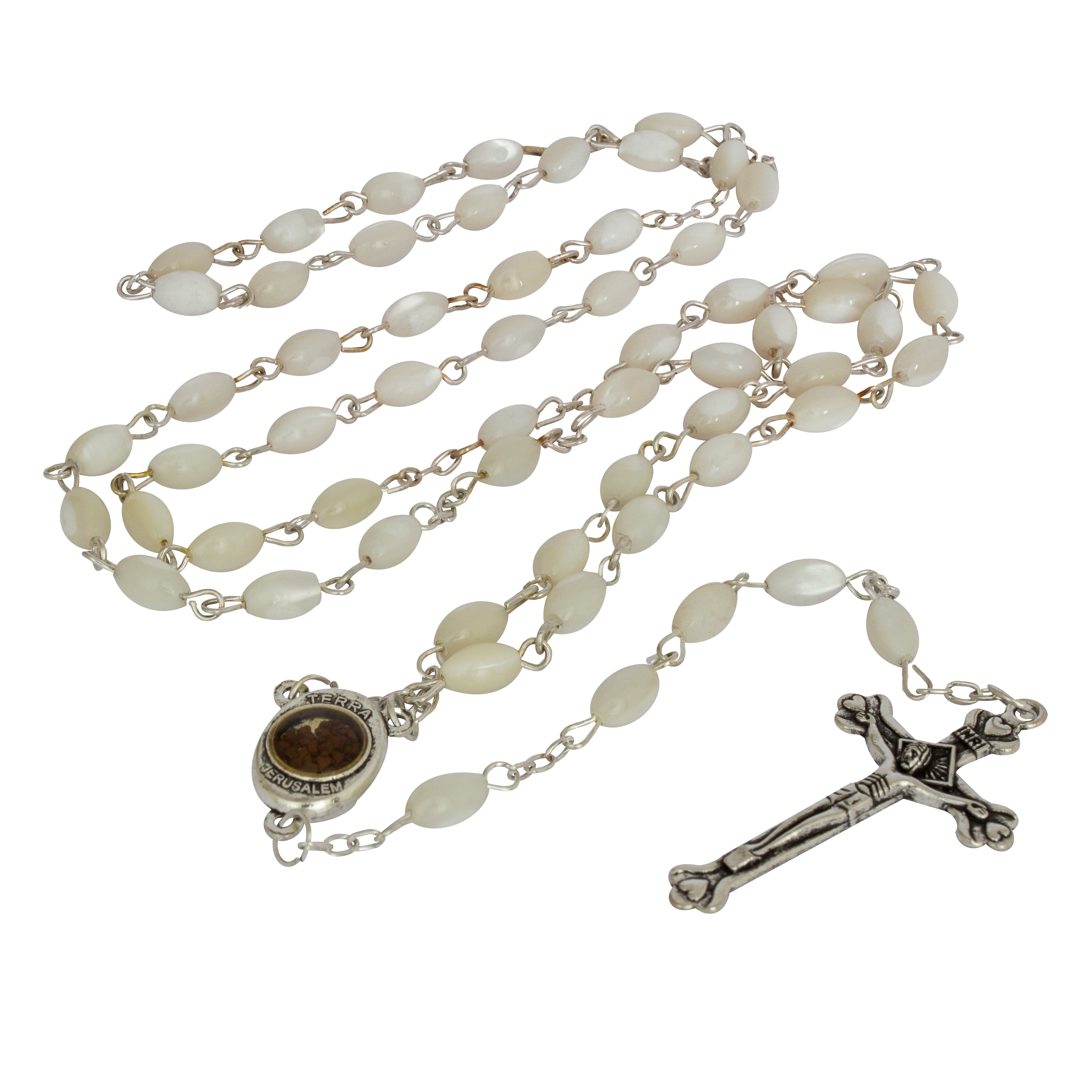 Catholic Rosary Necklace in Swarovski Crystal White Pearls and Sterling  Silver
