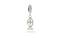 Ichthys and Cross Pendant Necklace/ Bead Silver 925 Gold 9K Embedded with Zircons - The Peace Of God®