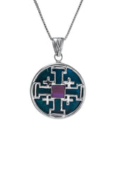 Nano Sim NT Round Silver Pendant - The Jerusalem Cross Studded with Eilat Stone - The Peace Of God®