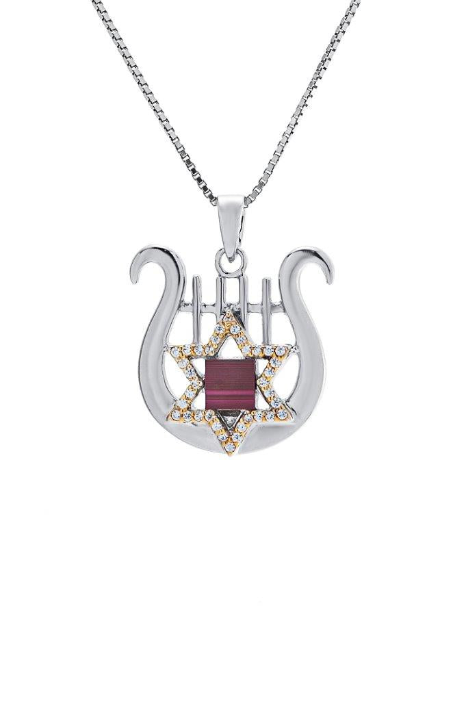Nano Sim OB Silver and 9K Gold Pendant - David's Harp and Star of David Studded with Zircons - The Peace Of God®