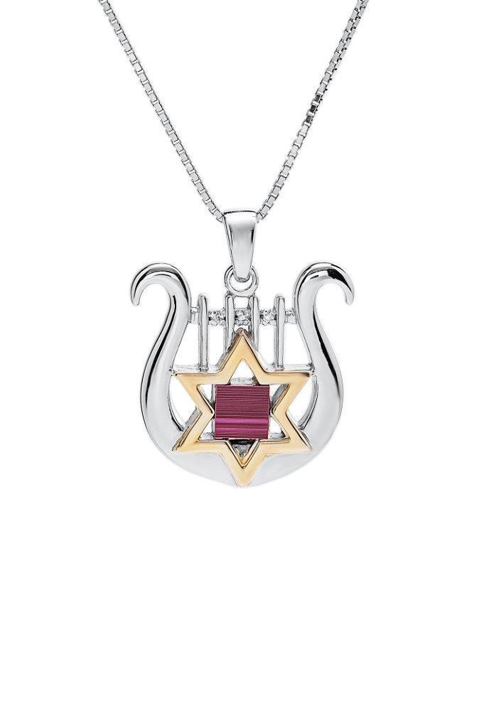Nano Bible Sim Silver and 9K Gold Pendant - David's Harp and Star of David - The Peace Of God®