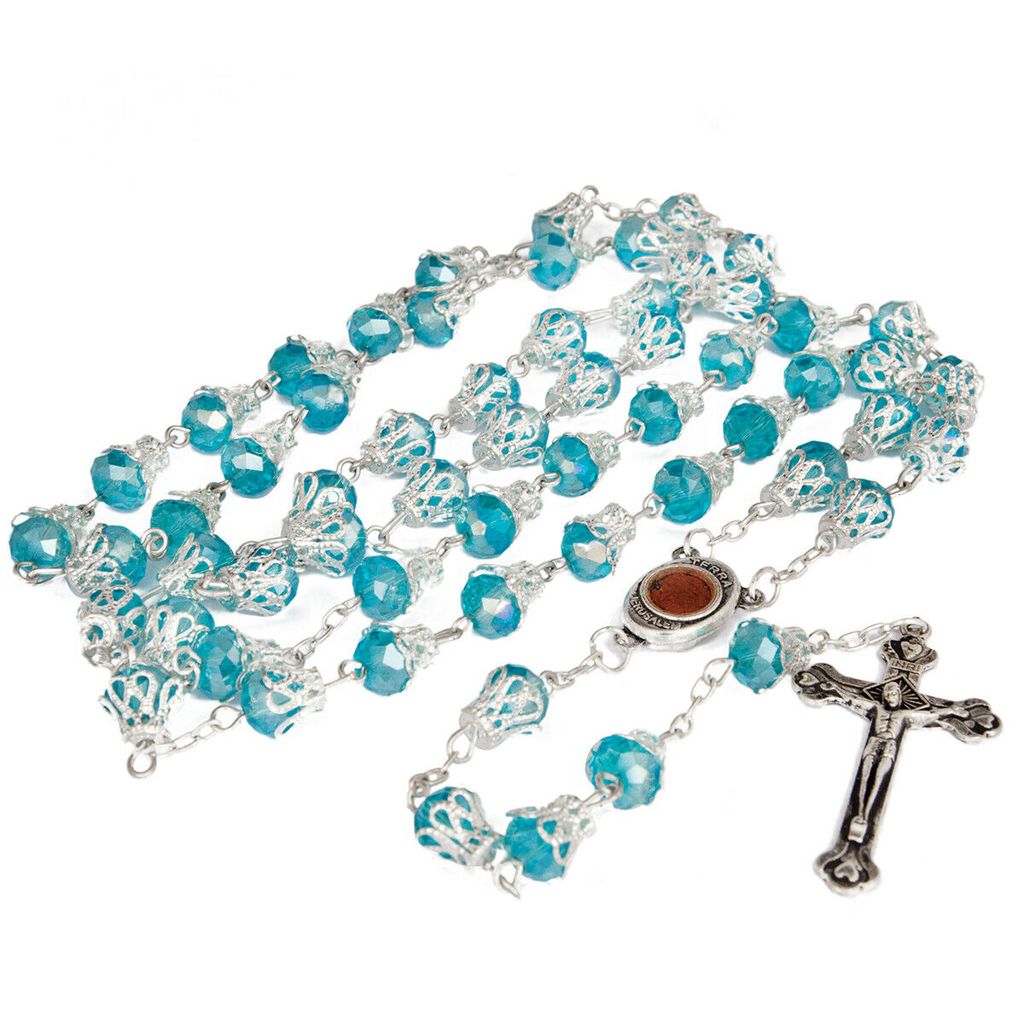 Rosary Prayer Beads INRI Light Blue Crystal Beaded w/ Holy Soil Jerusalem - The Peace Of God®